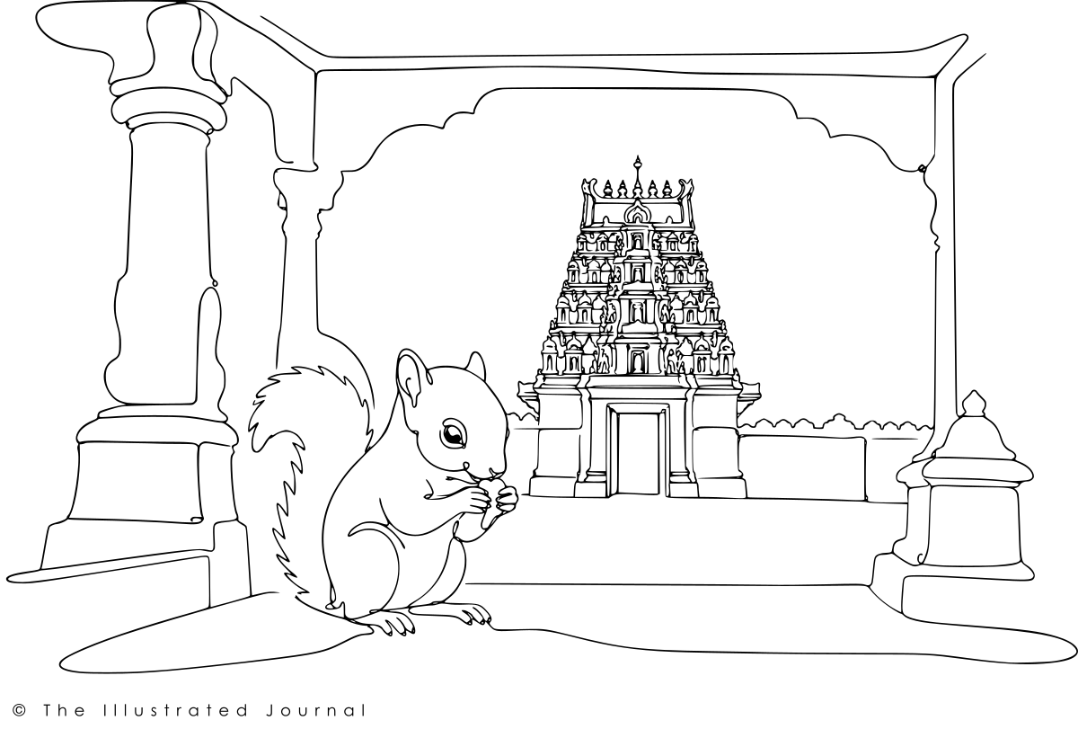 One-line continuous drawing of a baby squirrel in a temple veranda with a temple gopuram in the background.