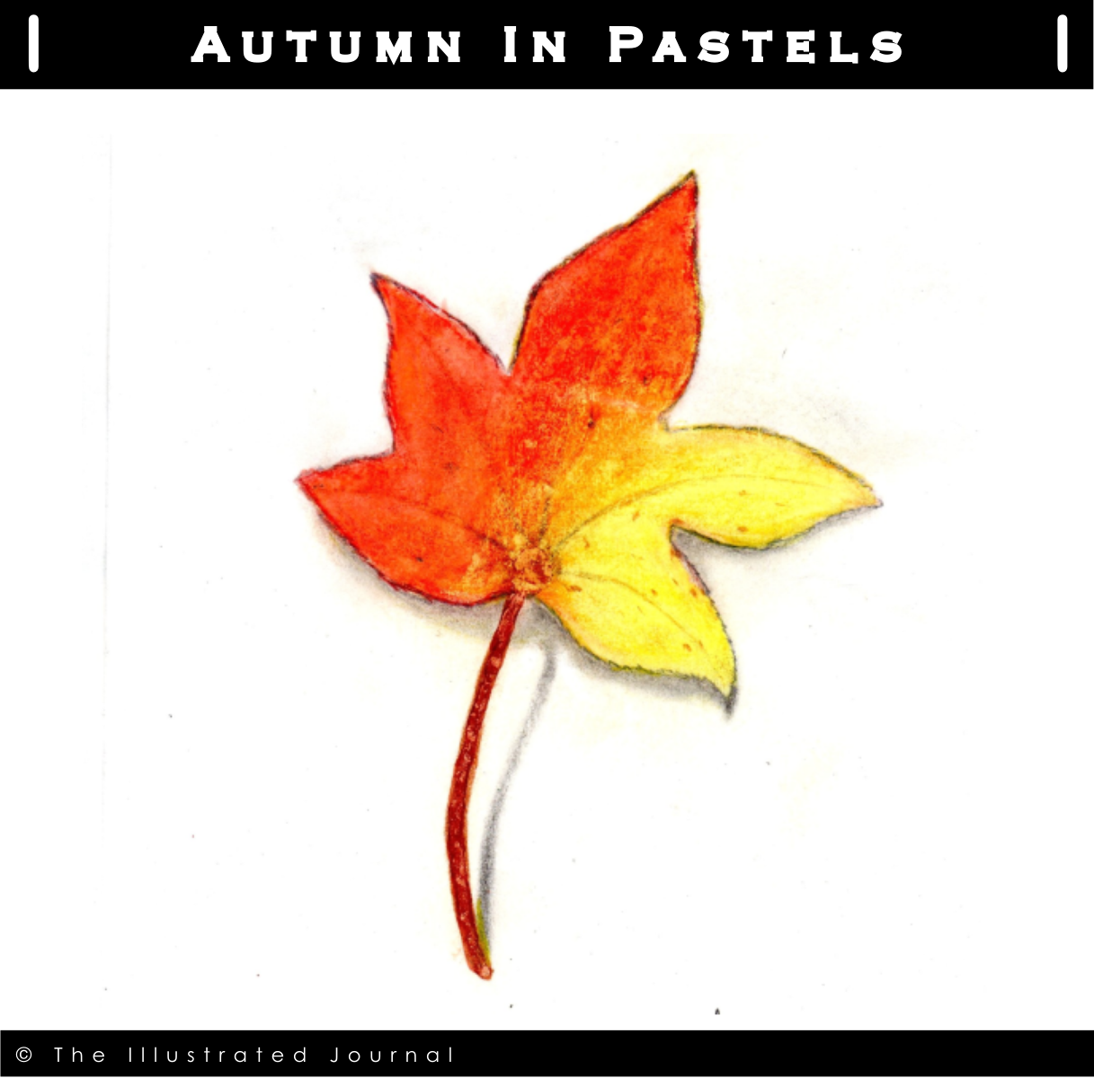 Realistic soft pastel drawing of an autumn leaf with red, orange, and yellow tones, hand-rendered on a white background to capture the texture and colors of a fallen leaf.