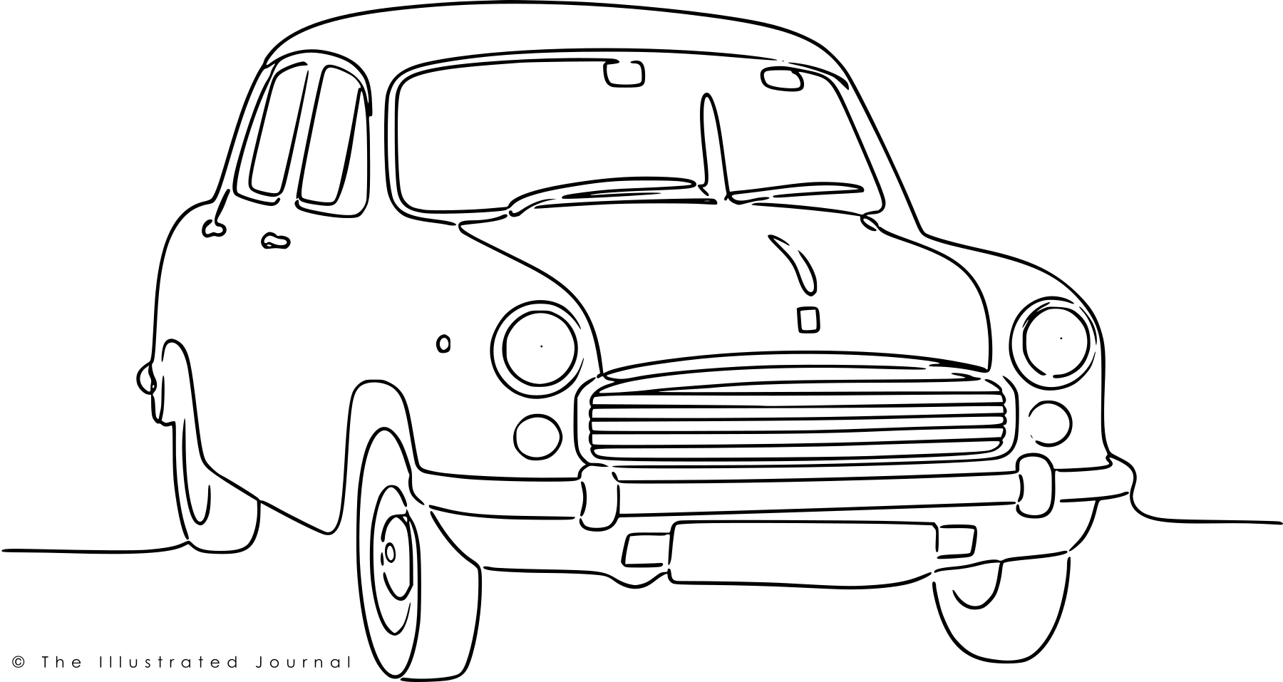 One-line continuous drawing of a classic Hindustan Ambassador car viewed from the front, illustrating the iconic Indian automobile discussed in the article Who Killed the Ambassador?