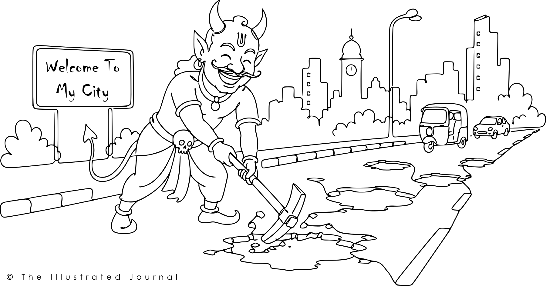Continuous line drawing of the demon Raktabeejasura digging potholes on a Bengaluru city road, with multiple craters, vehicles, and a city skyline in the background, representing the persistence of pothole problems.