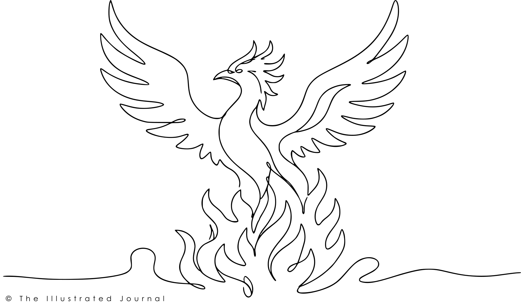 One-line continuous drawing of a phoenix rising from flames, symbolizing resilience, hope, and the fight to begin again after losing a livelihood.