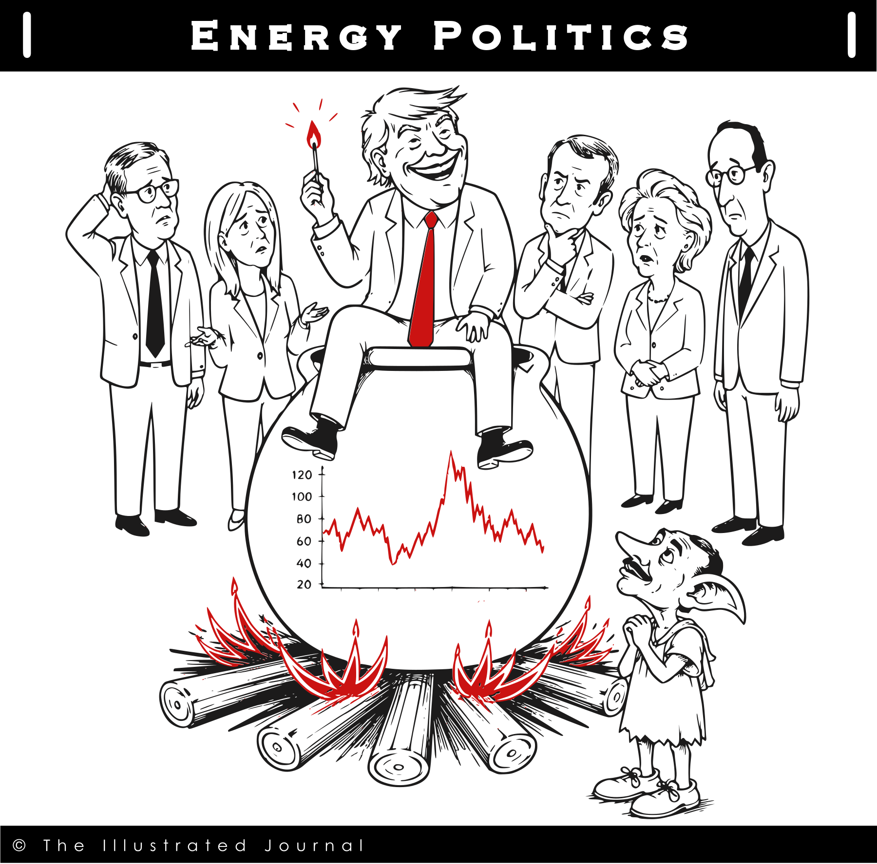 Political cartoon of Donald Trump holding a burning match while sitting on an earthen pot over a fire, surrounded by worried European leaders and an admiring Pakistani figure.