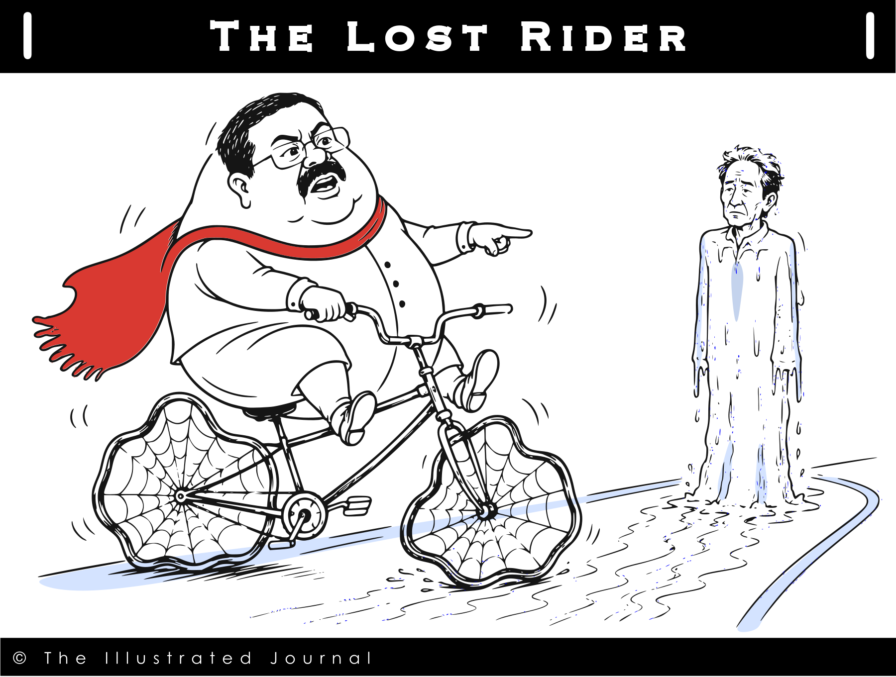Minimalist black, white and red line art of an oversized education minister riding a broken bicycle with cobweb wheels while blaming melting water from a glacier resembling Sonam Wangchuk for losing balance.