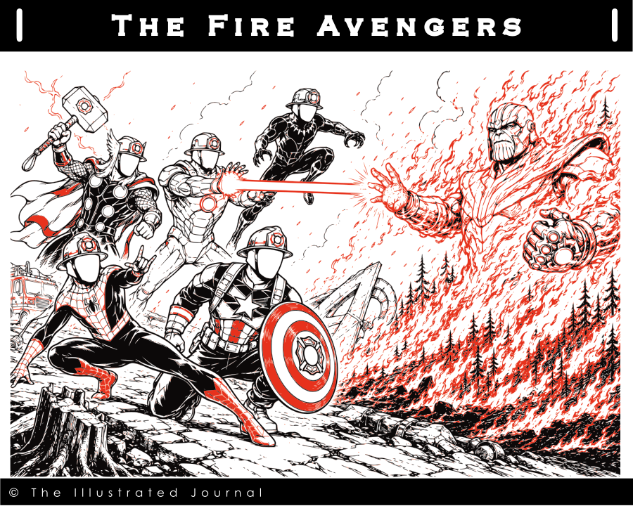 Faceless firefighters depicted as Avengers confront a towering wildfire resembling a supervillain in a minimalist black, white, and red illustration symbolizing the fight against Europe's forest fires.