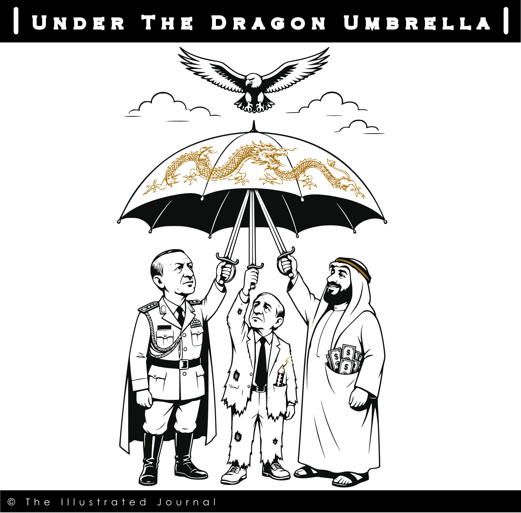 Minimalist political cartoon of Mohammed bin Salman, Recep Tayyip Erdoğan, and Shehbaz Sharif raising swords to support a dragon-marked umbrella as an eagle flies overhead, symbolizing the Mecca Joint Defense Agreement and shifting geopolitical alliances.