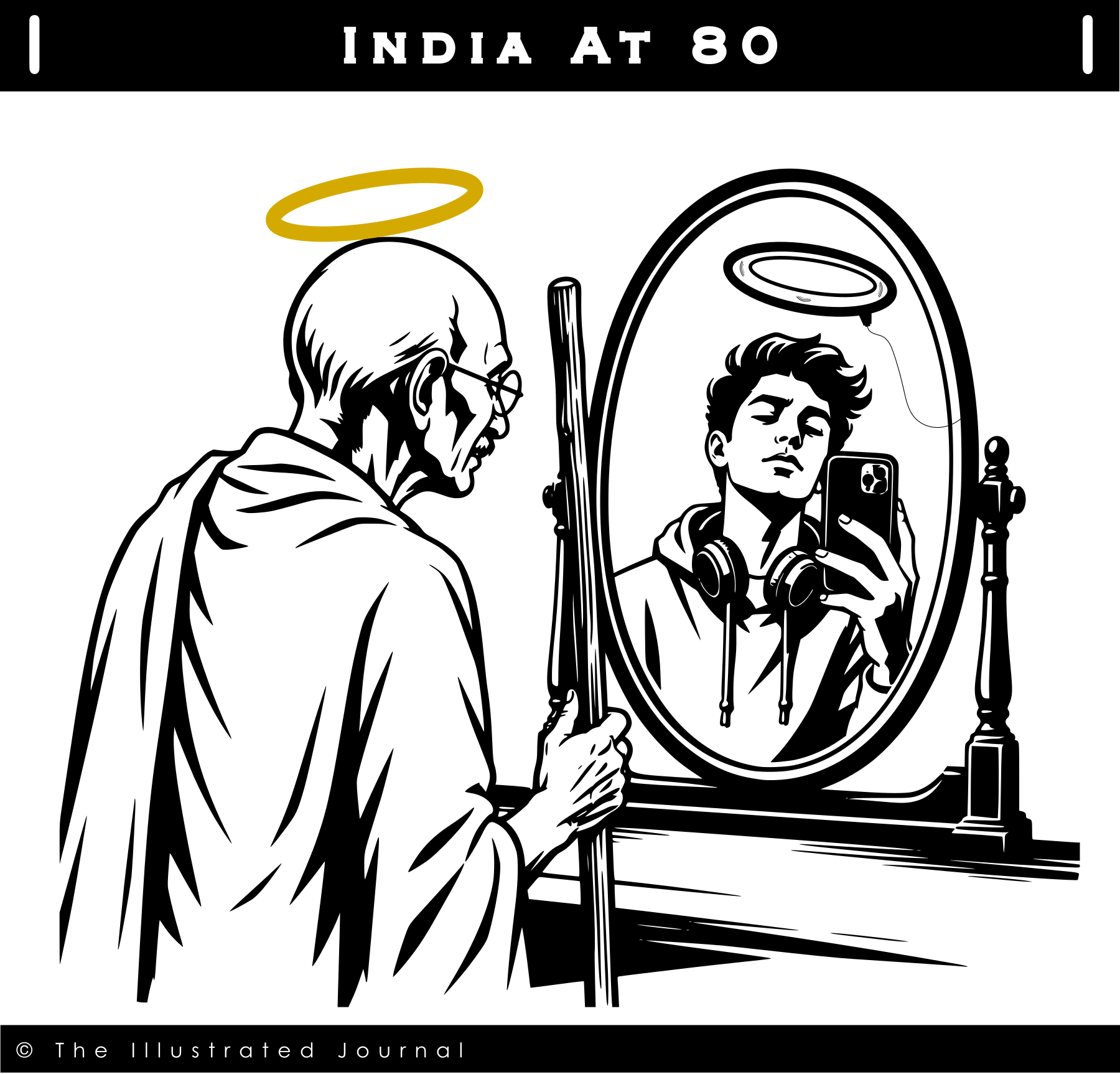 Illustration of a freedom fighter with a gold halo facing a mirror; his reflection is a young man holding a smartphone beneath a ring light.