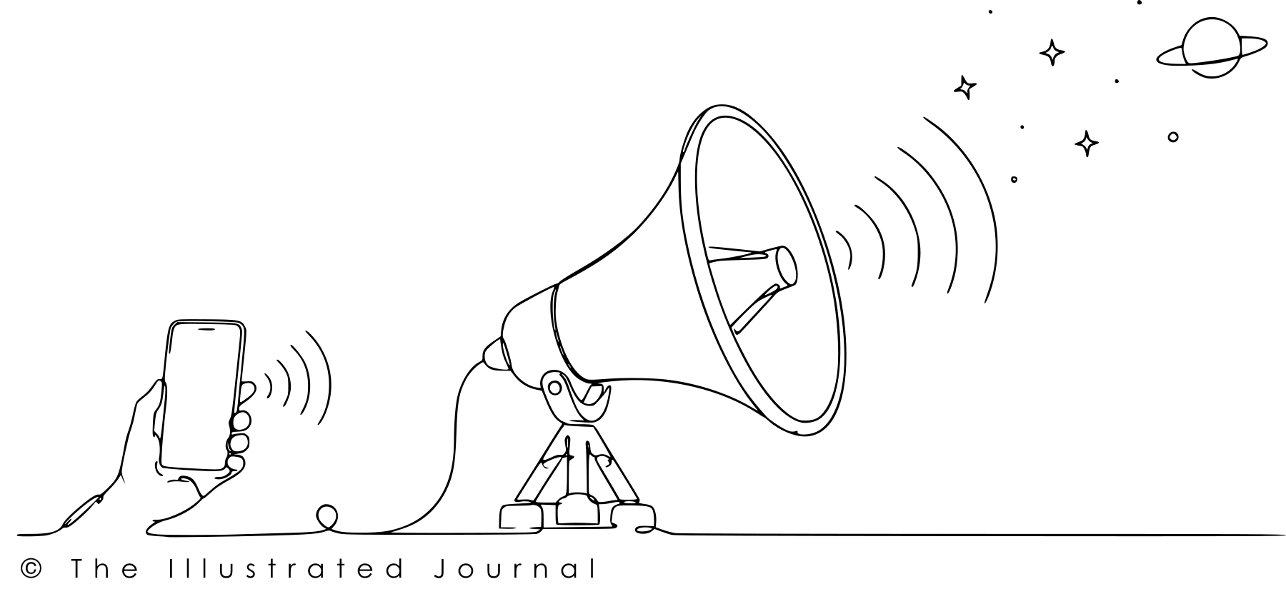 Smartphone transmitting to a broadcast antenna, symbolizing the democratization of press and information through technology.