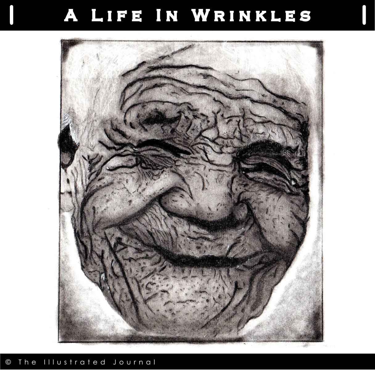 Hand-drawn charcoal portrait of a smiling elderly man with deeply lined wrinkles symbolizing experience, resilience, and a lifetime of stories.