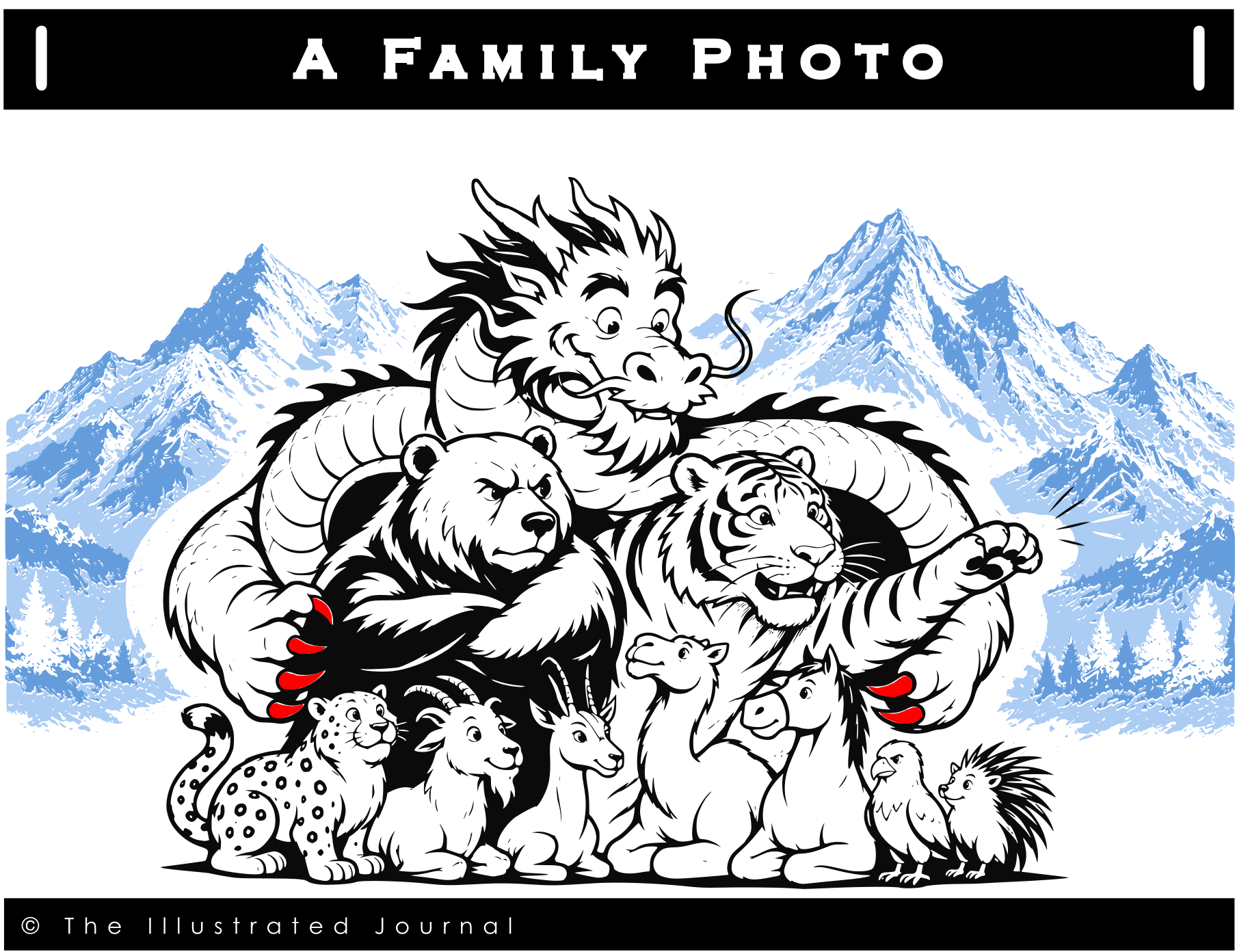 Caricature of SCO countries as animals posing for a family photo beneath a giant dragon, with Himalayan mountains in the background.