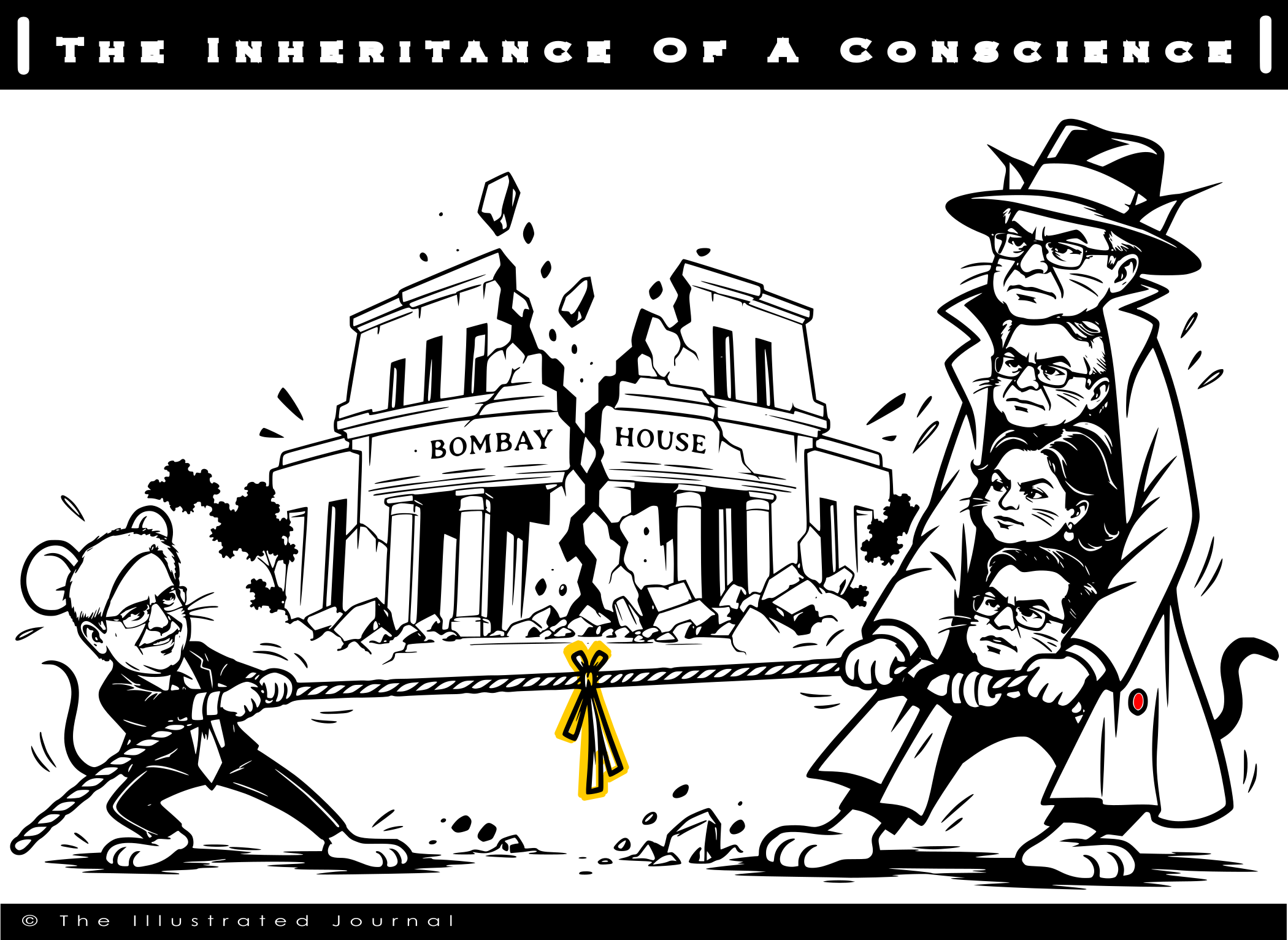 Noel Tata in a tug-of-war with a towering corporate figure as Bombay House cracks in the background