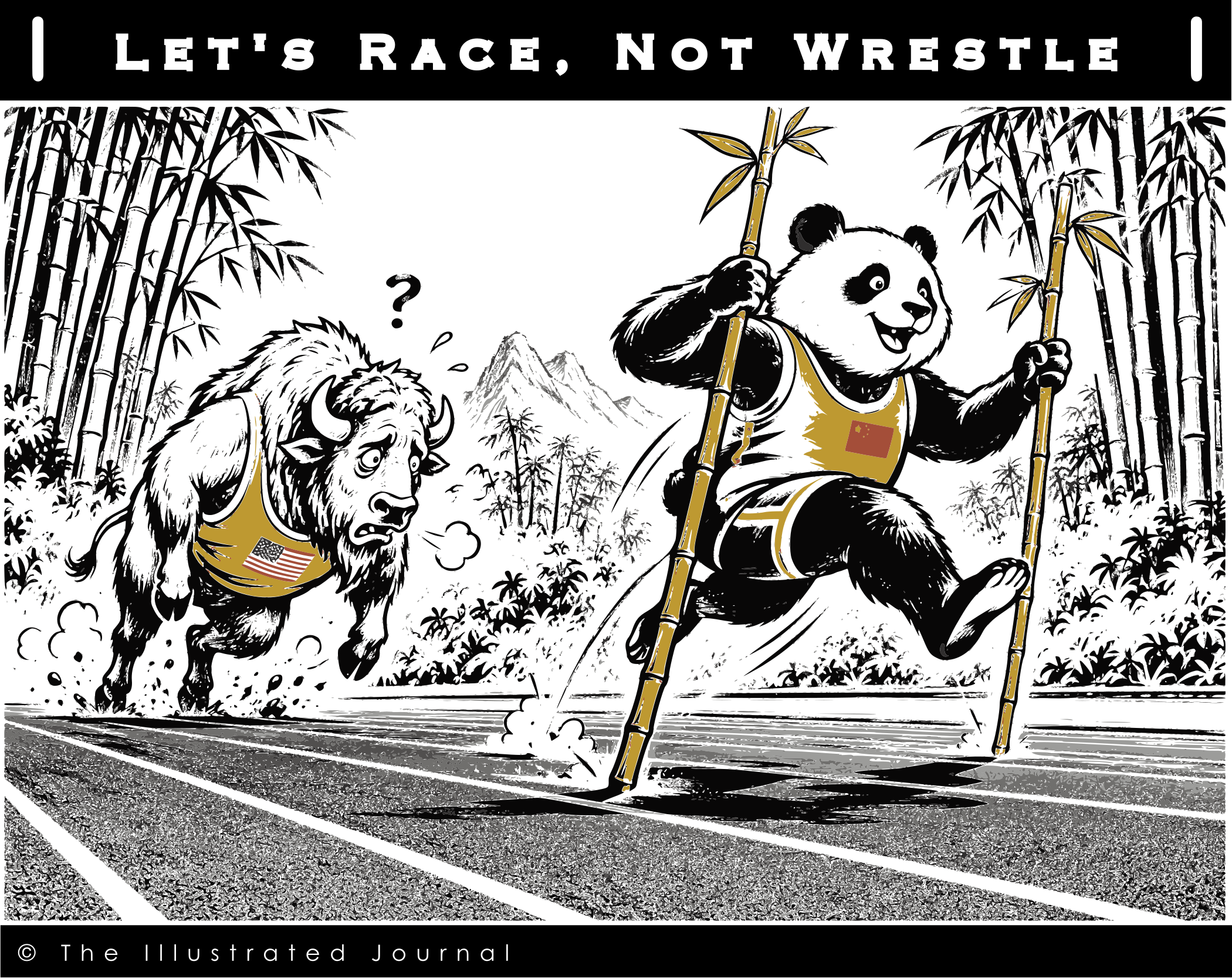 Panda racing ahead of a confused American bison using bamboo poles on a running track