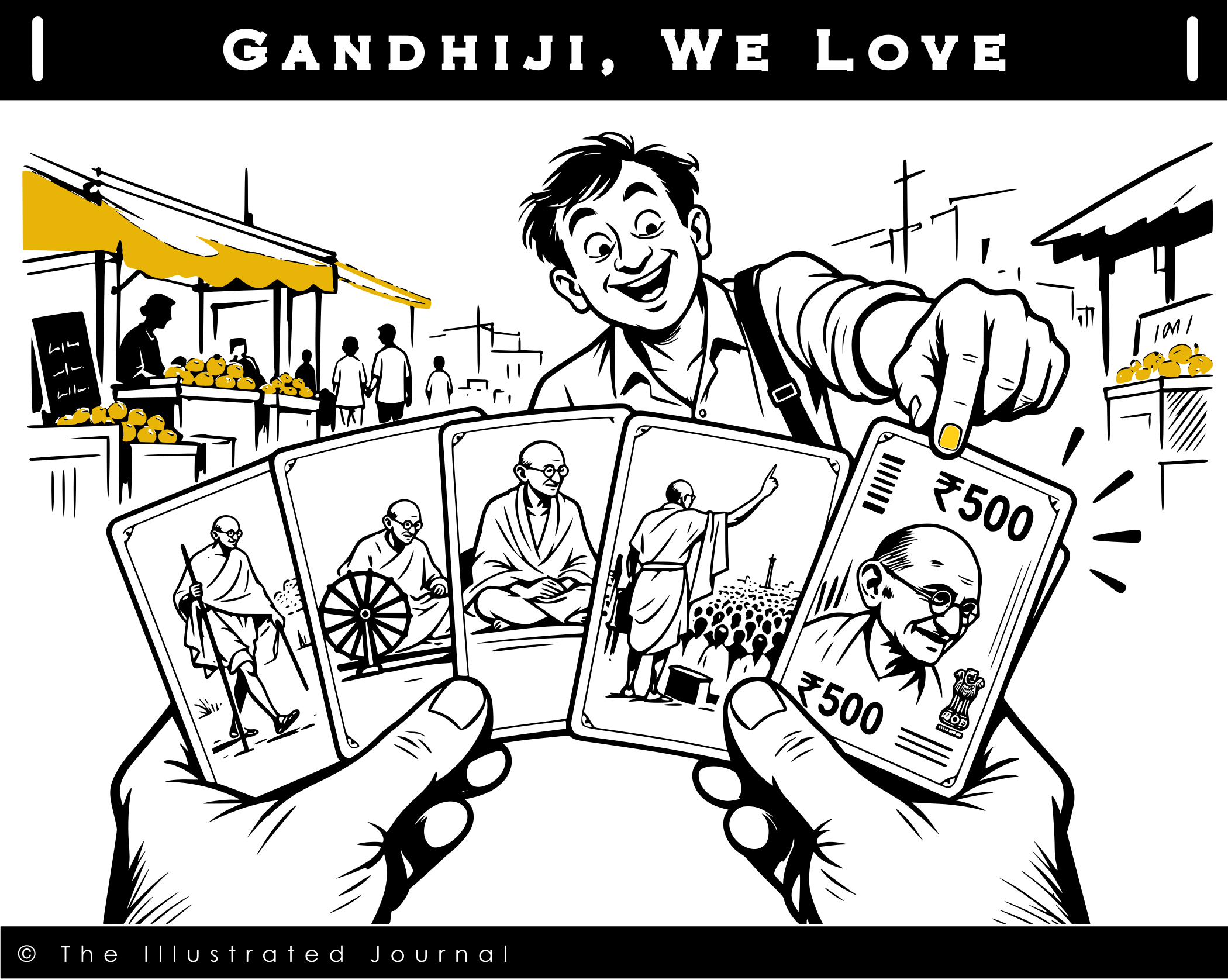 Man reaching for a 500 rupee card featuring Gandhiji from a spread of cards depicting him during India’s freedom struggle