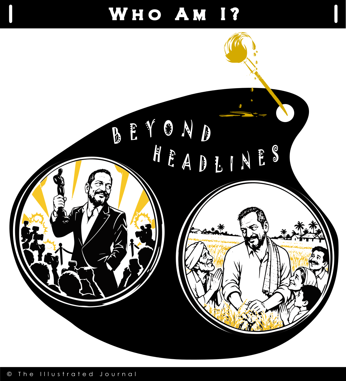Illustration of Nana Patekar as a film star holding an award amid spotlights and paparazzi, and as a villager in a paddy field surrounded by grateful villagers in the other, contrasting fame with personal identity.